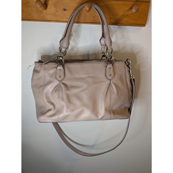 Coach Leather Satchel Taupe Greige Crossbody Bag Silver Hardware Zip Top Pockets - Picture 5 of 14